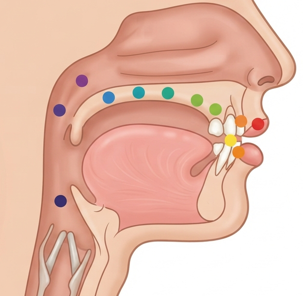 Side view of the mouth, showing how the sound is made